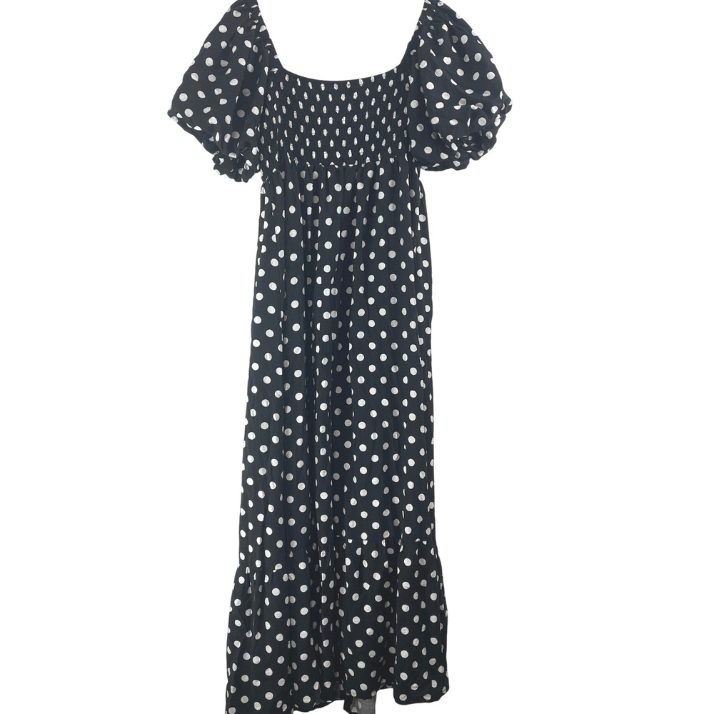 Pink Lily Womens Polka Dot Smocked Puff Sleeve Maxi Dress Milkmaid Black Large - Picture 4 of 6